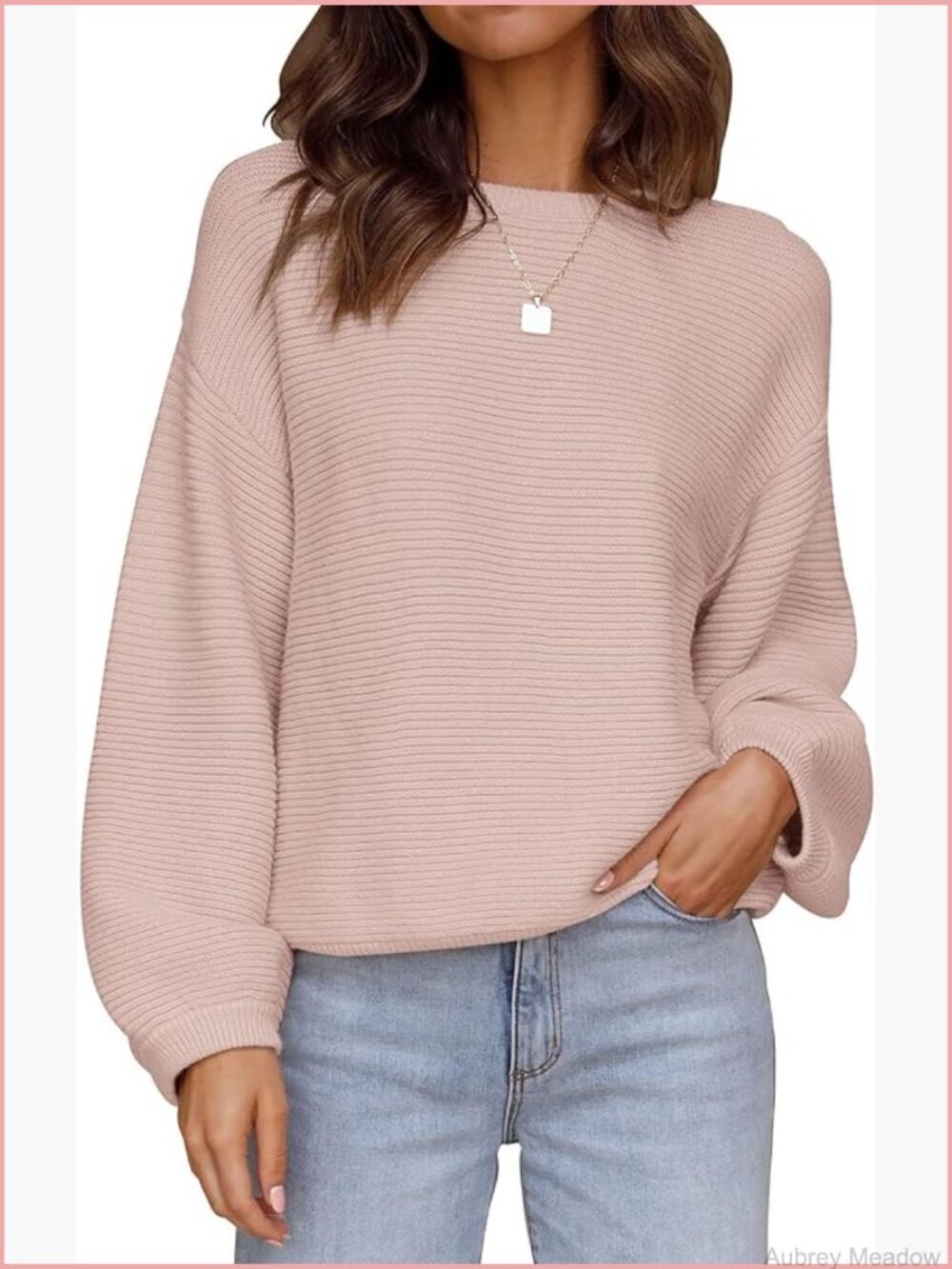 Crew Neck Long Lantern Sleeve Casual Loose Ribbed Knit Pullover Sweater Top